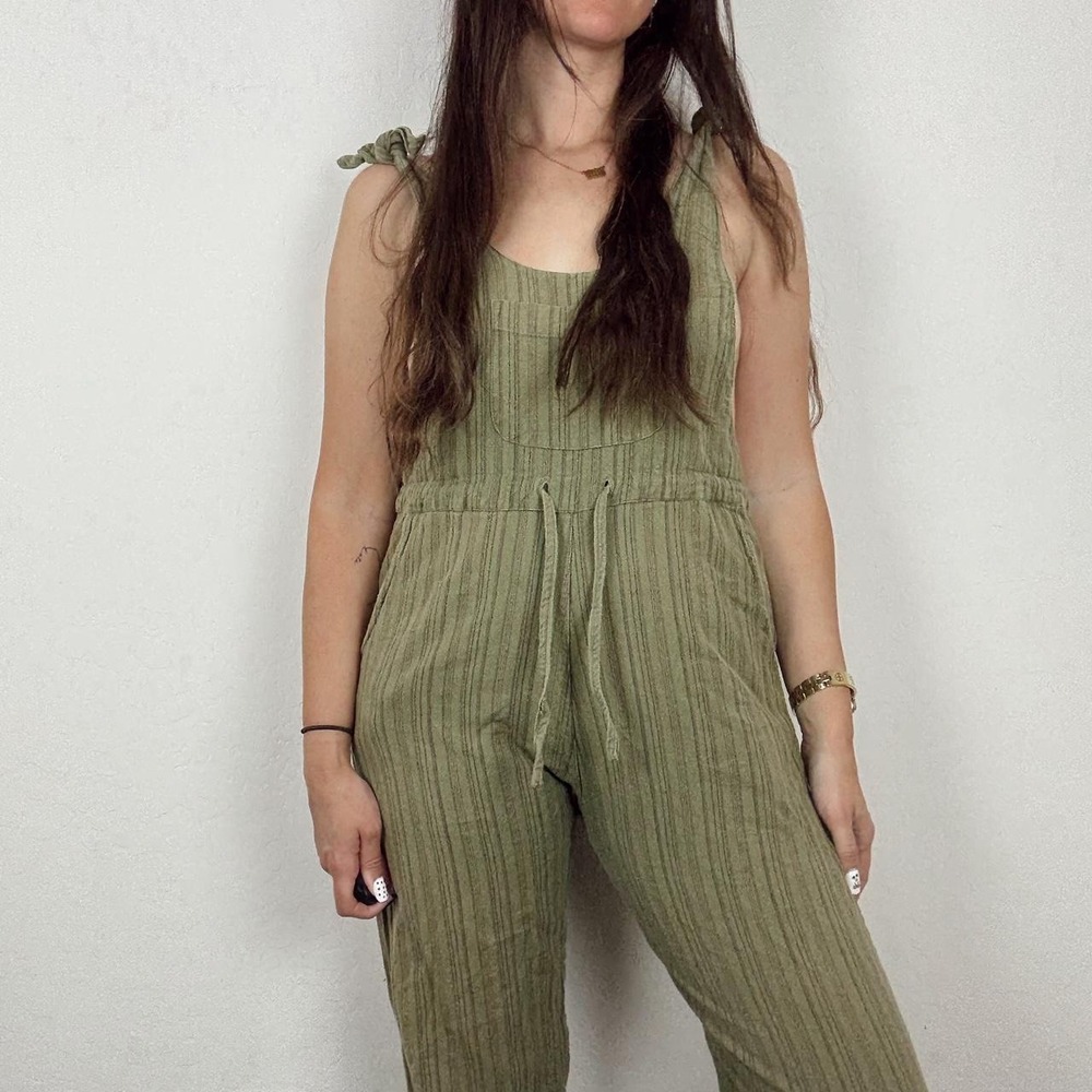 Vintage soul flower Green cotton striped jumpsuit